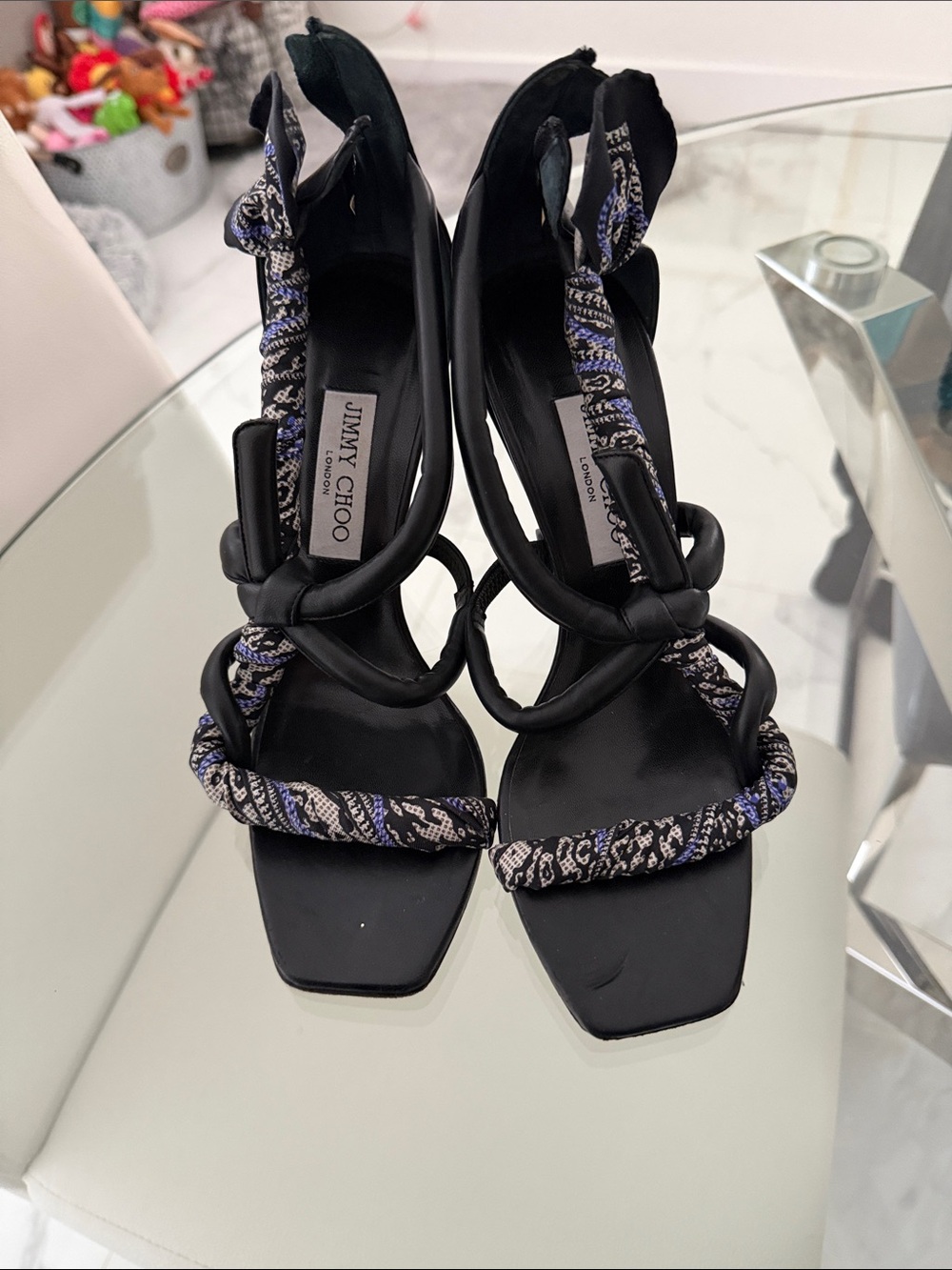 Jimmy Choo Black Leather Heels with Braided Blue & White Accents